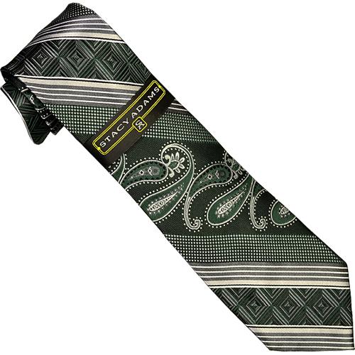Stacy Adams Collection SA096 Winter Green / Steel Grey / White Diagonal Paisley Striped 100% Woven Silk Necktie/Hanky Set